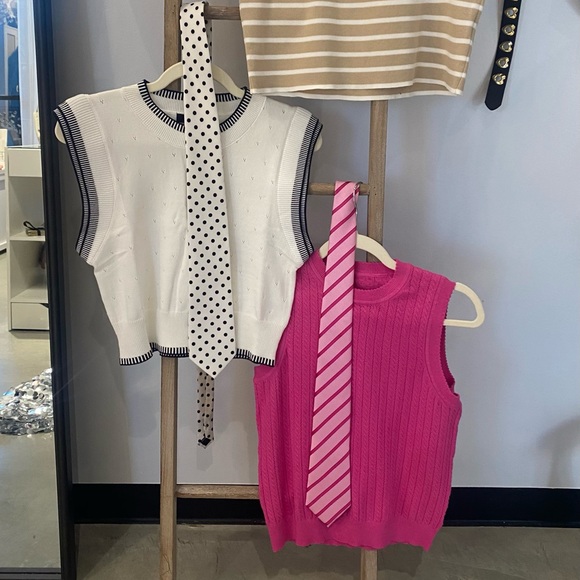 Accessories - Pink and White Sleeveless Sweater Set with Ties